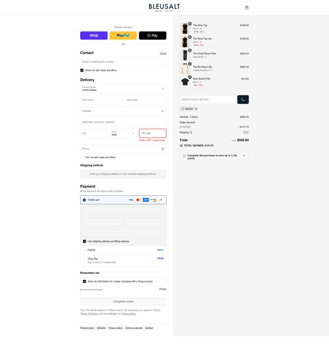 Bleusalt checkout page showing Bleusalt promo code box | Screenshot taken by SimplyCodes community member on Sep 3, 2025