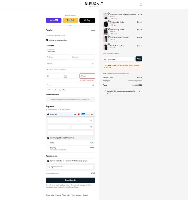 Bleusalt checkout page showing Bleusalt promo code box | Screenshot taken by SimplyCodes community member on Aug 25, 2025
