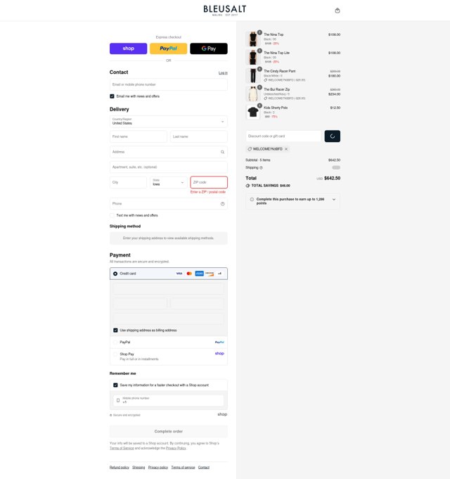 Bleusalt checkout page showing Bleusalt promo code box | Screenshot taken by SimplyCodes community member on Sep 3, 2025