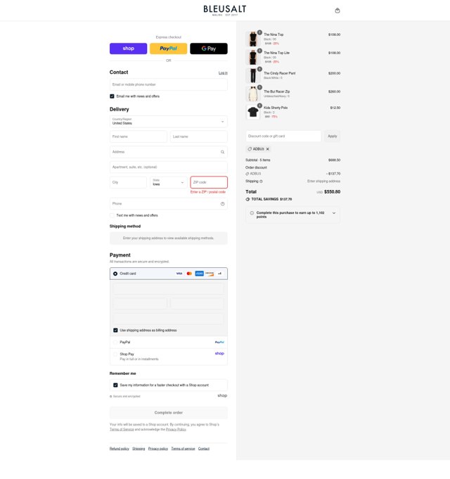 Bleusalt checkout page showing Bleusalt promo code box | Screenshot taken by SimplyCodes community member on Sep 3, 2025