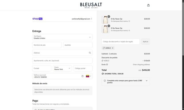 Bleusalt checkout page showing Bleusalt promo code box | Screenshot taken by SimplyCodes community member on Aug 28, 2025