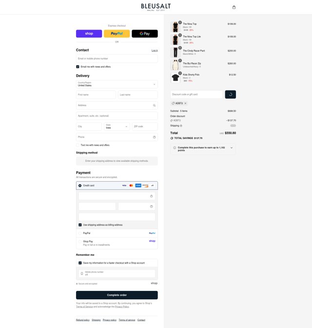 Bleusalt checkout page showing Bleusalt promo code box | Screenshot taken by SimplyCodes community member on Sep 3, 2025