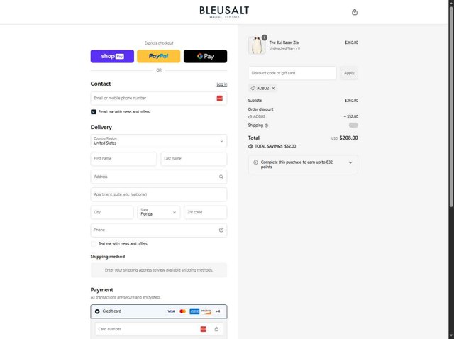Bleusalt checkout page showing Bleusalt promo code box | Screenshot taken by SimplyCodes community member on Aug 28, 2025