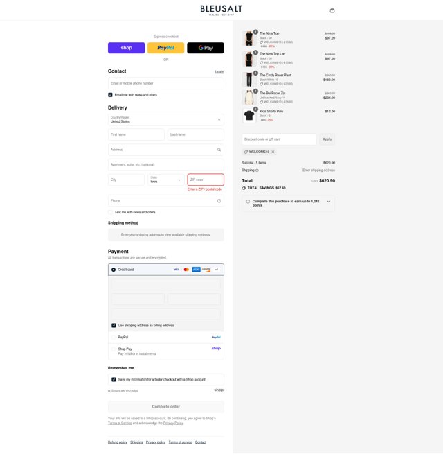 Bleusalt checkout page showing Bleusalt promo code box | Screenshot taken by SimplyCodes community member on Sep 3, 2025