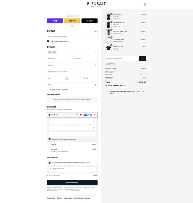 Bleusalt checkout page showing Bleusalt promo code box | Screenshot taken by SimplyCodes community member on Sep 3, 2025