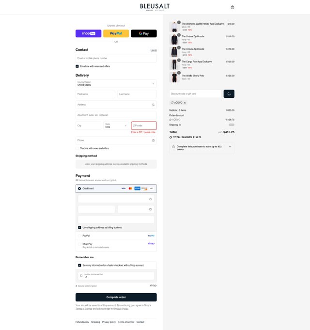 Bleusalt checkout page showing Bleusalt promo code box | Screenshot taken by SimplyCodes community member on Aug 25, 2025