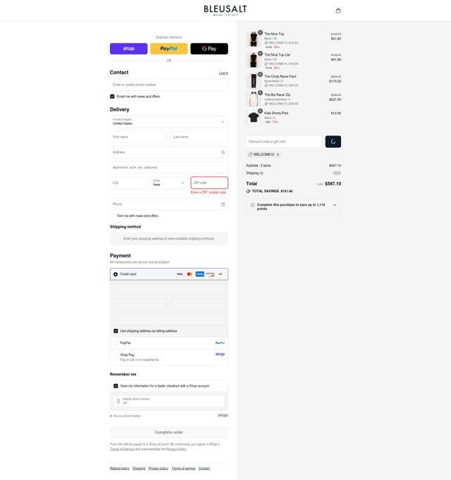 Bleusalt checkout page showing Bleusalt promo code box | Screenshot taken by SimplyCodes community member on Sep 3, 2025
