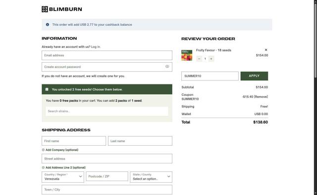 Blimburn Seeds checkout page showing Blimburn Seeds coupon code box | Screenshot taken by SimplyCodes community member on Jun 21, 2025