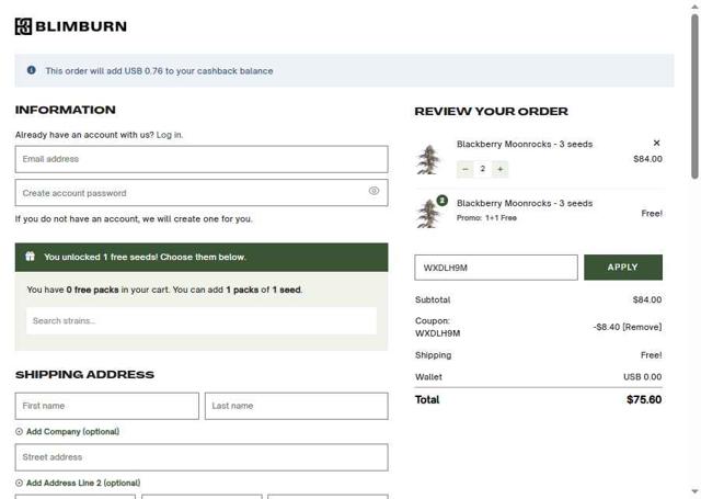 Blimburn Seeds checkout page showing Blimburn Seeds coupon code box | Screenshot taken by SimplyCodes community member on Jun 19, 2025