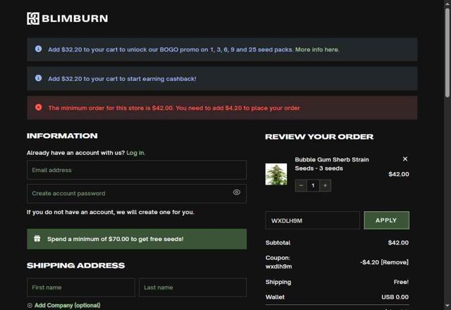 Blimburn Seeds checkout page showing Blimburn Seeds coupon code box | Screenshot taken by SimplyCodes community member on May 21, 2025