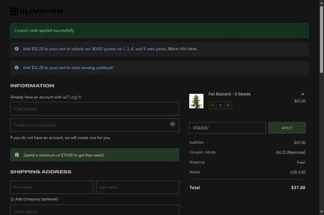 Blimburn Seeds checkout page showing Blimburn Seeds coupon code box | Screenshot taken by SimplyCodes community member on Sep 11, 2025