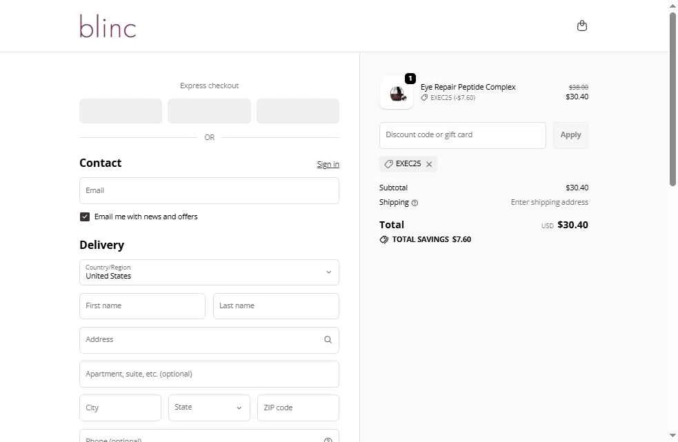 Blinc checkout page showing Blinc discount code box | Screenshot taken by SimplyCodes community member on Jan 13, 2026