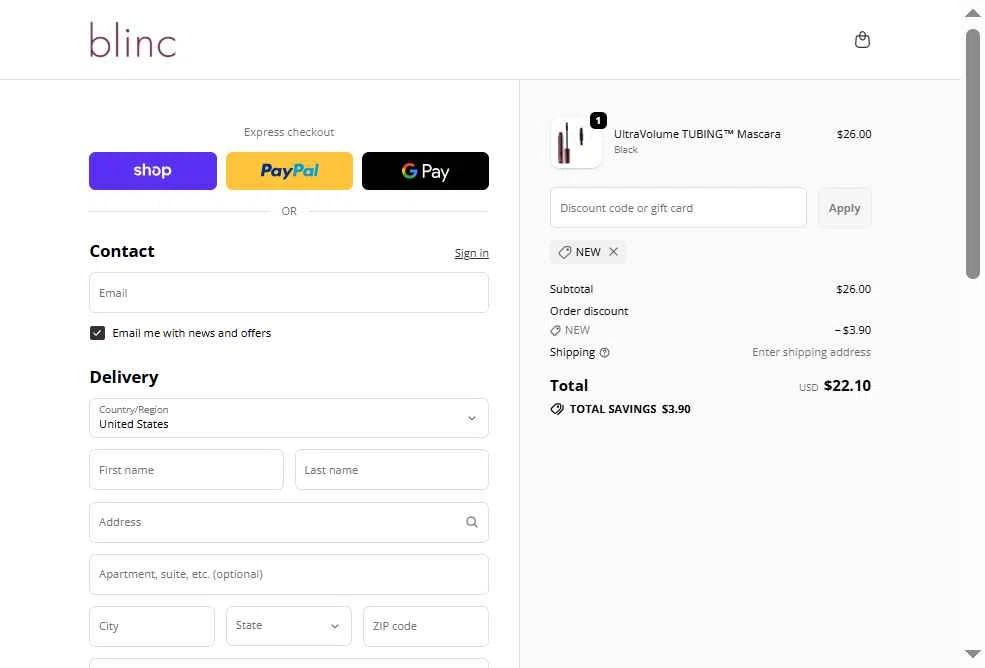 Blinc checkout page showing Blinc discount code box | Screenshot taken by SimplyCodes community member on Jan 19, 2026