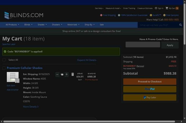 Blinds.com checkout page showing Blinds.com promo code box | Screenshot taken by SimplyCodes community member on Sep 4, 2025