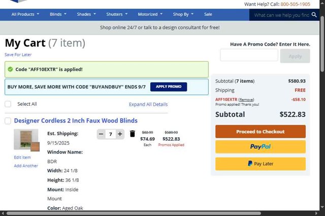 Blinds.com checkout page showing Blinds.com promo code box | Screenshot taken by SimplyCodes community member on Sep 6, 2025