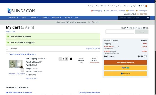 Blinds.com checkout page showing Blinds.com promo code box | Screenshot taken by SimplyCodes community member on Sep 6, 2025
