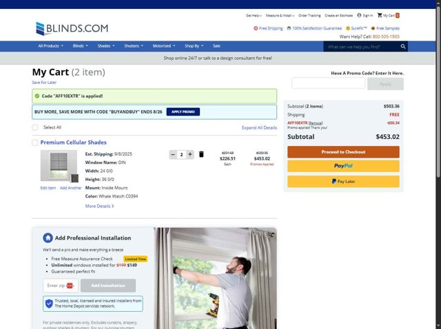 Blinds.com checkout page showing Blinds.com promo code box | Screenshot taken by SimplyCodes community member on Aug 26, 2025