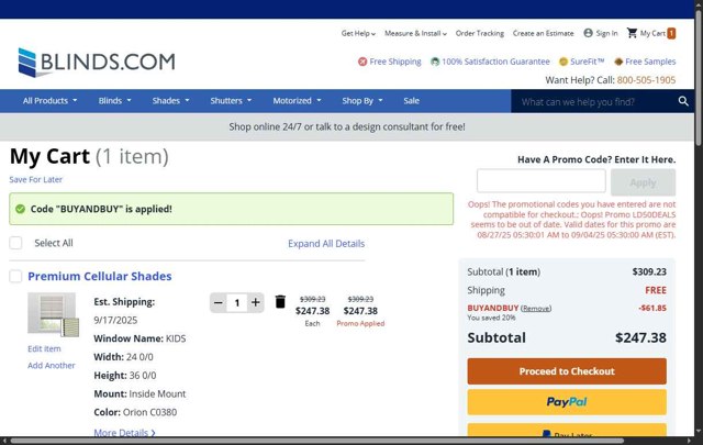 Blinds.com checkout page showing Blinds.com promo code box | Screenshot taken by SimplyCodes community member on Sep 5, 2025