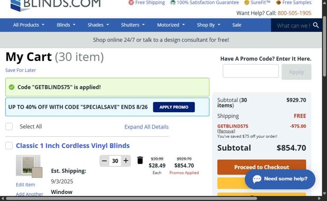 Blinds.com checkout page showing Blinds.com promo code box | Screenshot taken by SimplyCodes community member on Aug 25, 2025
