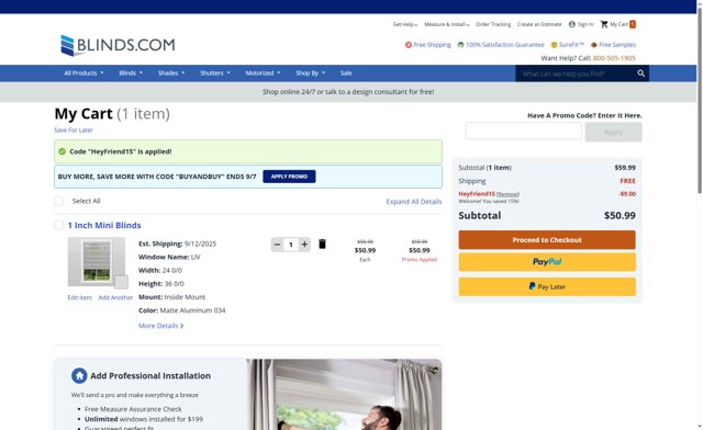 Blinds.com checkout page showing Blinds.com promo code box | Screenshot taken by SimplyCodes community member on Sep 6, 2025