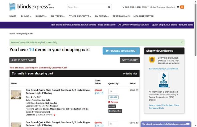 Blinds Express checkout page showing Blinds Express promo code box | Screenshot taken by SimplyCodes community member on May 23, 2025