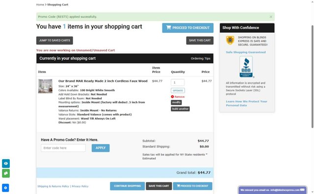 Blinds Express checkout page showing Blinds Express promo code box | Screenshot taken by SimplyCodes community member on Aug 29, 2025