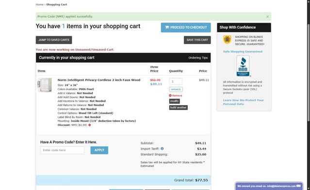 Blinds Express checkout page showing Blinds Express promo code box | Screenshot taken by SimplyCodes community member on May 23, 2025