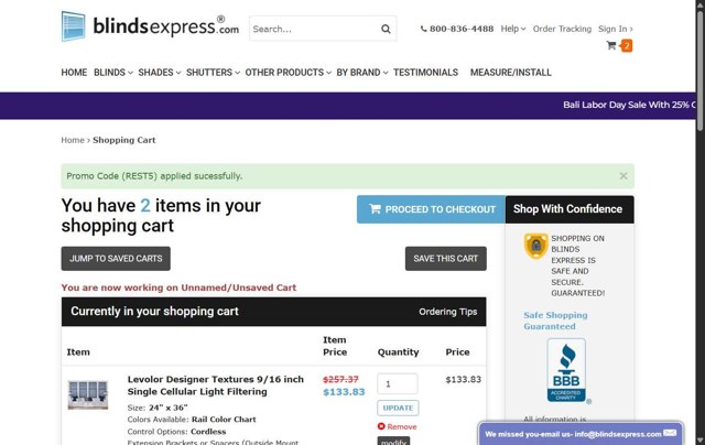 Blinds Express checkout page showing Blinds Express promo code box | Screenshot taken by SimplyCodes community member on Aug 29, 2025