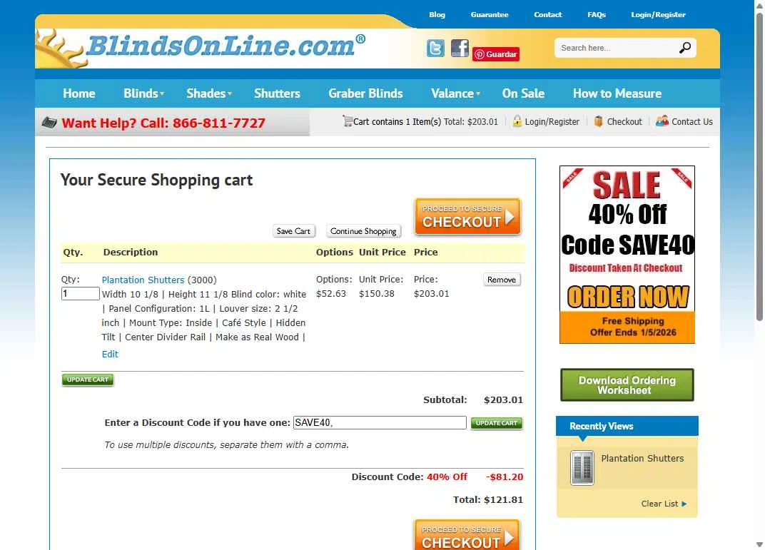 BlindsOnLine.com checkout page showing BlindsOnLine.com promo code box | Screenshot taken by SimplyCodes community member on Jan 3, 2026
