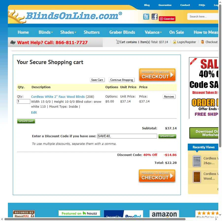 BlindsOnLine.com checkout page showing BlindsOnLine.com promo code box | Screenshot taken by SimplyCodes community member on May 21, 2025