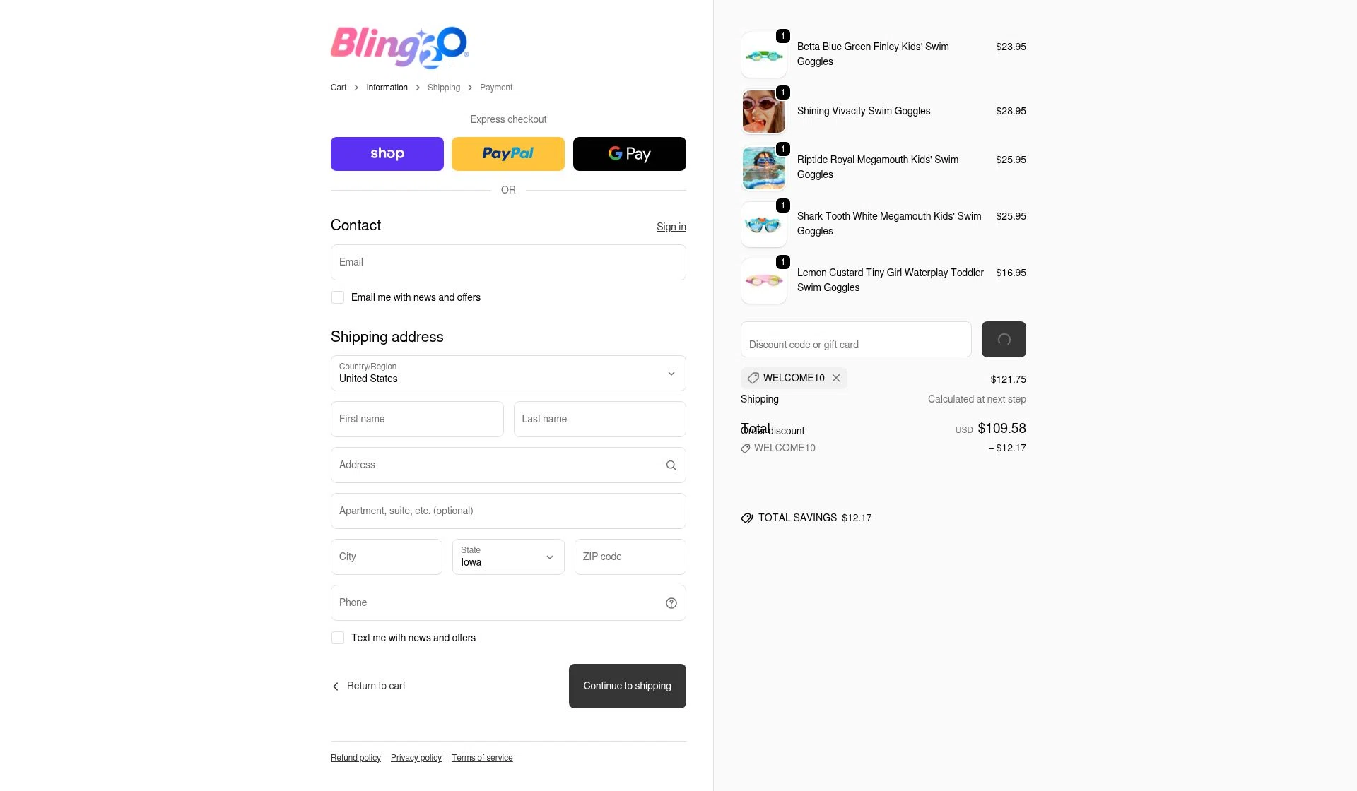 Bling2o checkout page showing Bling2o discount code box | Screenshot taken by SimplyCodes community member on Feb 16, 2026