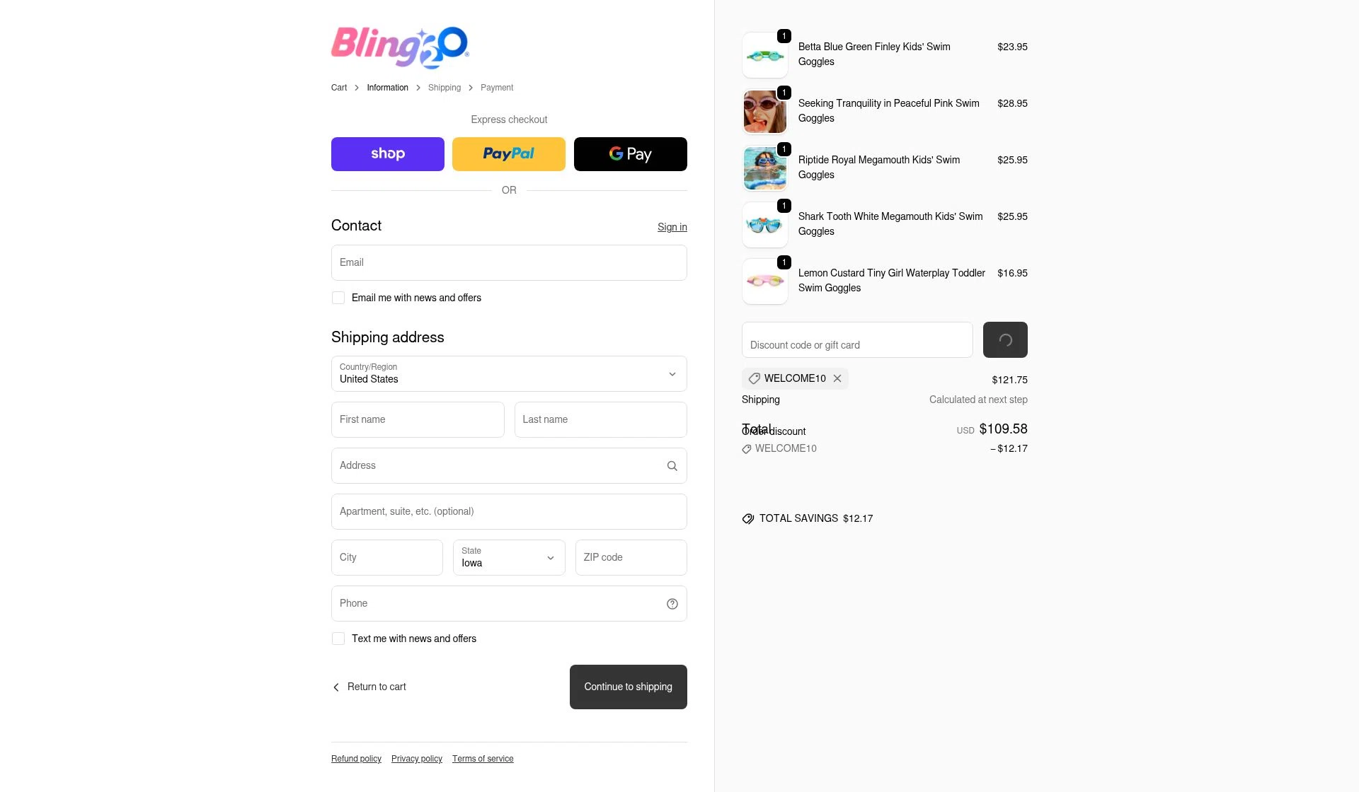 Bling2o checkout page showing Bling2o discount code box | Screenshot taken by SimplyCodes community member on Feb 20, 2026