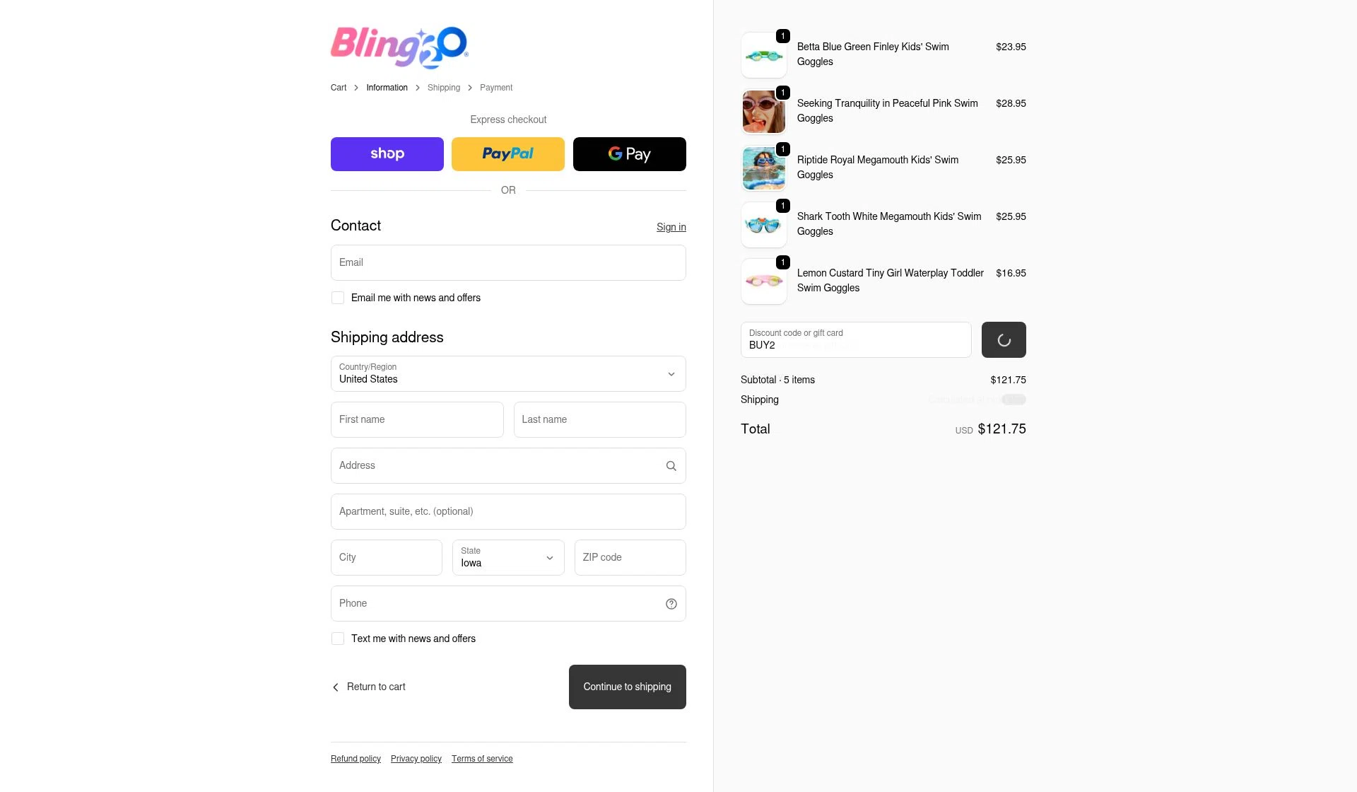 Bling2o checkout page showing Bling2o discount code box | Screenshot taken by SimplyCodes community member on Feb 20, 2026