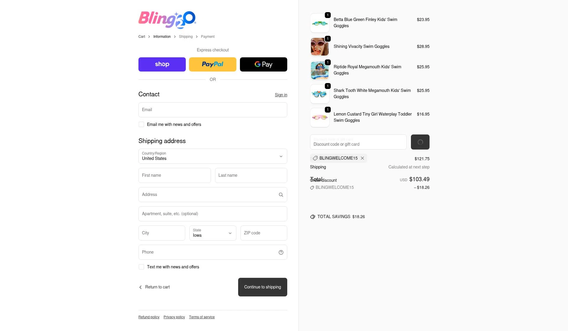 Bling2o checkout page showing Bling2o discount code box | Screenshot taken by SimplyCodes community member on Feb 16, 2026