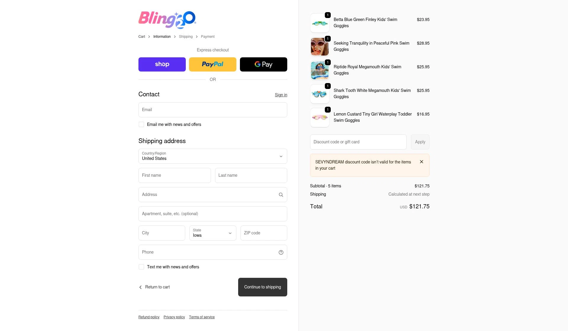 Bling2o checkout page showing Bling2o discount code box | Screenshot taken by SimplyCodes community member on Feb 20, 2026