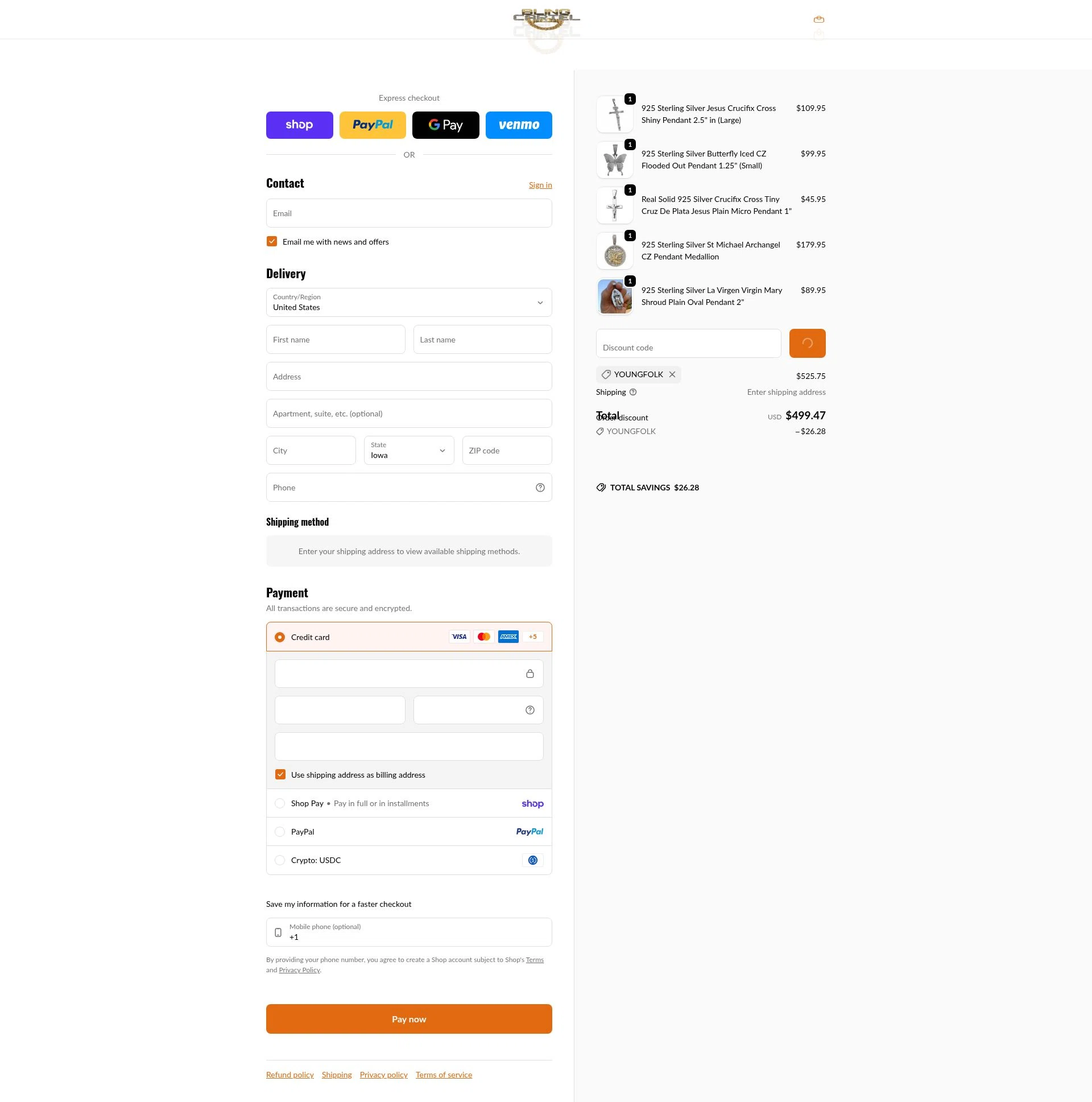 Bling Cartel checkout page showing Bling Cartel discount code box | Screenshot taken by SimplyCodes community member on Feb 13, 2026