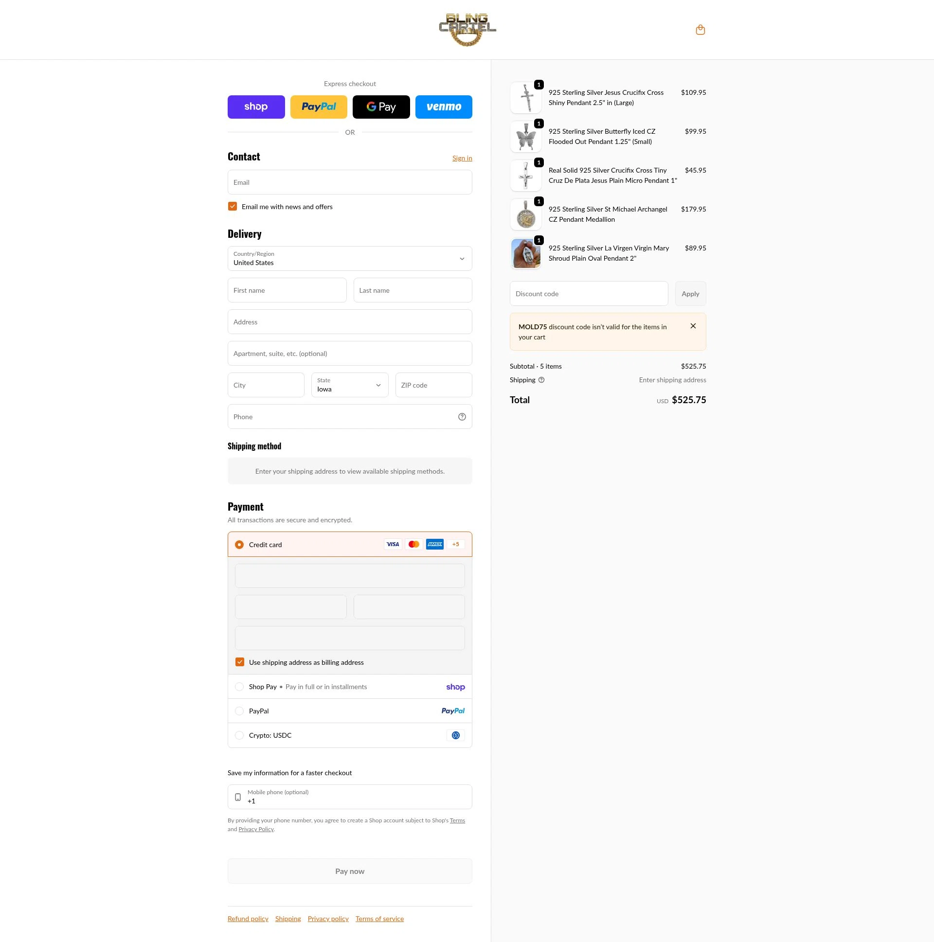 Bling Cartel checkout page showing Bling Cartel discount code box | Screenshot taken by SimplyCodes community member on Feb 8, 2026