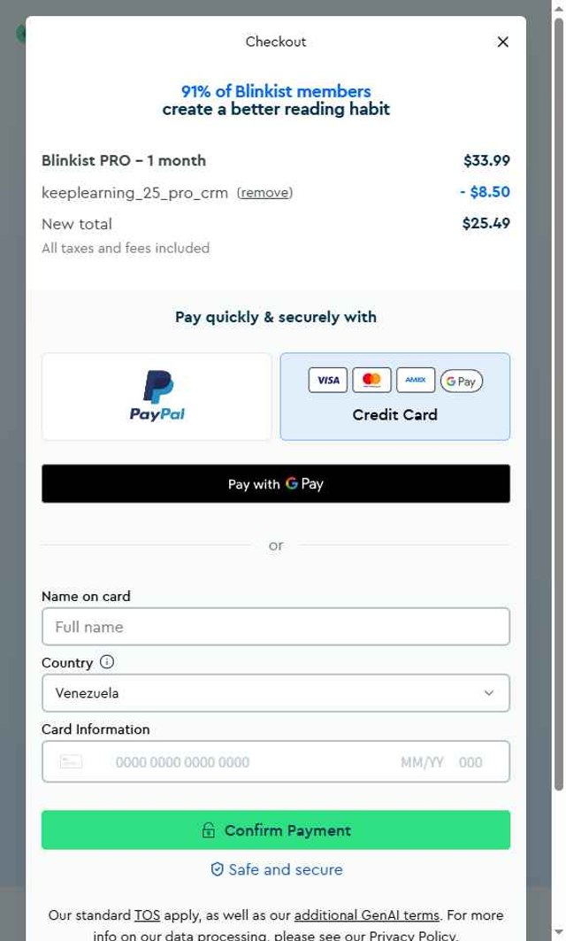 Blinkist checkout page showing Blinkist discount code box | Screenshot taken by SimplyCodes community member on Aug 18, 2025