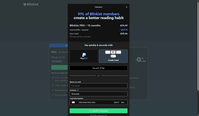 Blinkist checkout page showing Blinkist discount code box | Screenshot taken by SimplyCodes community member on Aug 26, 2025