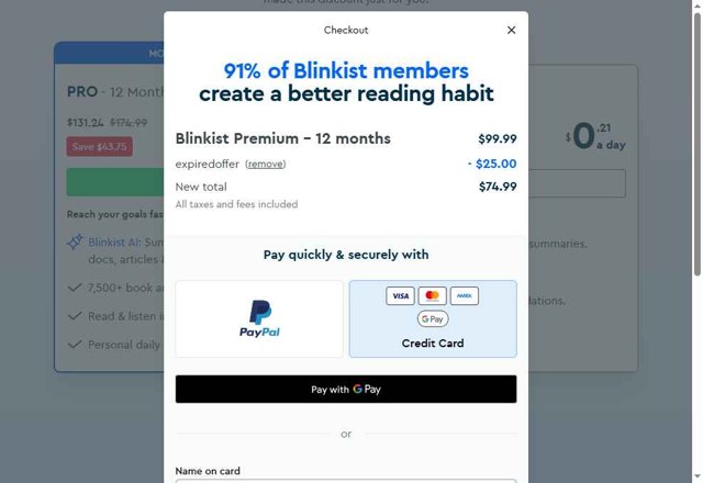 Blinkist checkout page showing Blinkist discount code box | Screenshot taken by SimplyCodes community member on Jul 28, 2025