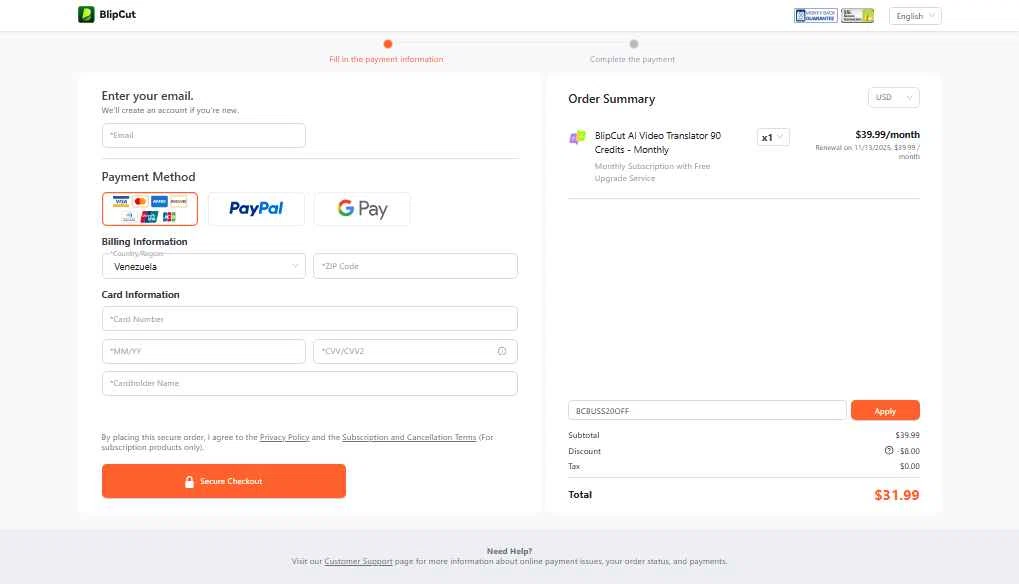 BlipCut checkout page showing BlipCut promo code box | Screenshot taken by SimplyCodes community member on Oct 13, 2025