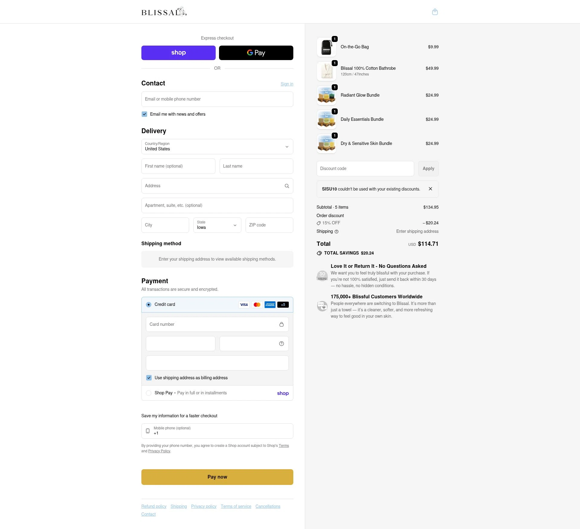 BLISSAL checkout page showing BLISSAL promo code box | Screenshot taken by SimplyCodes community member on Feb 7, 2026