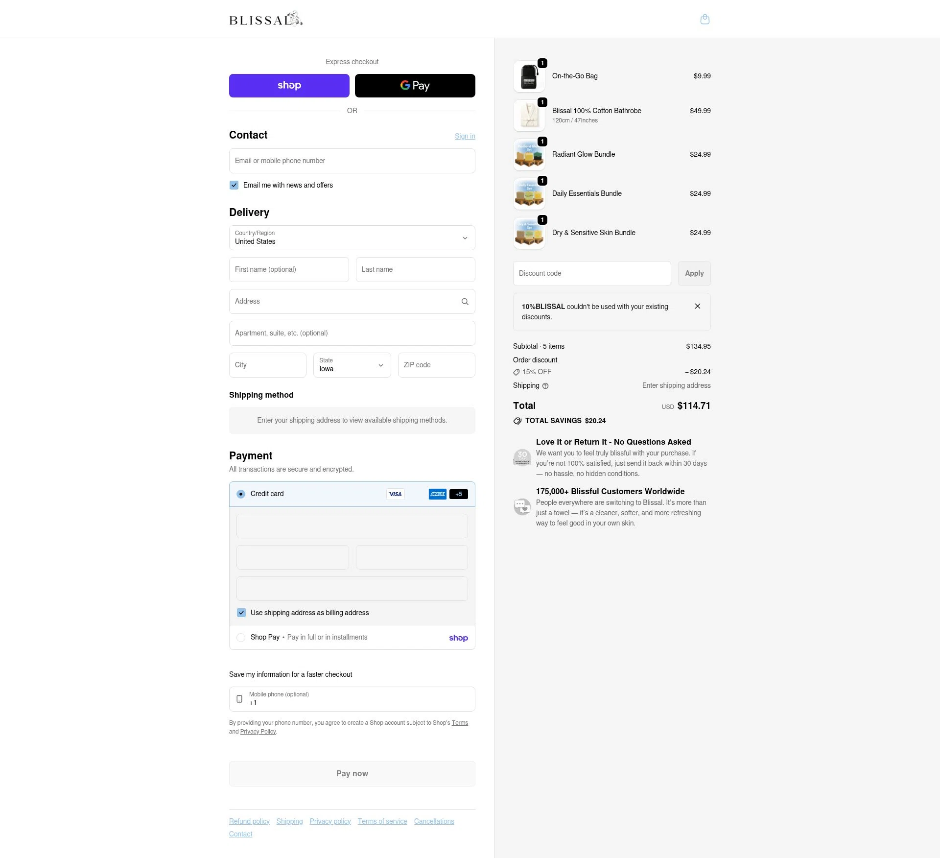 BLISSAL checkout page showing BLISSAL promo code box | Screenshot taken by SimplyCodes community member on Feb 7, 2026