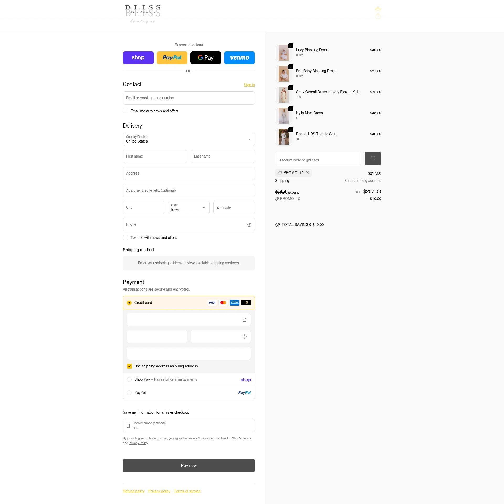 Bliss Boutique checkout page showing Bliss Boutique coupon code box | Screenshot taken by SimplyCodes community member on Feb 15, 2026