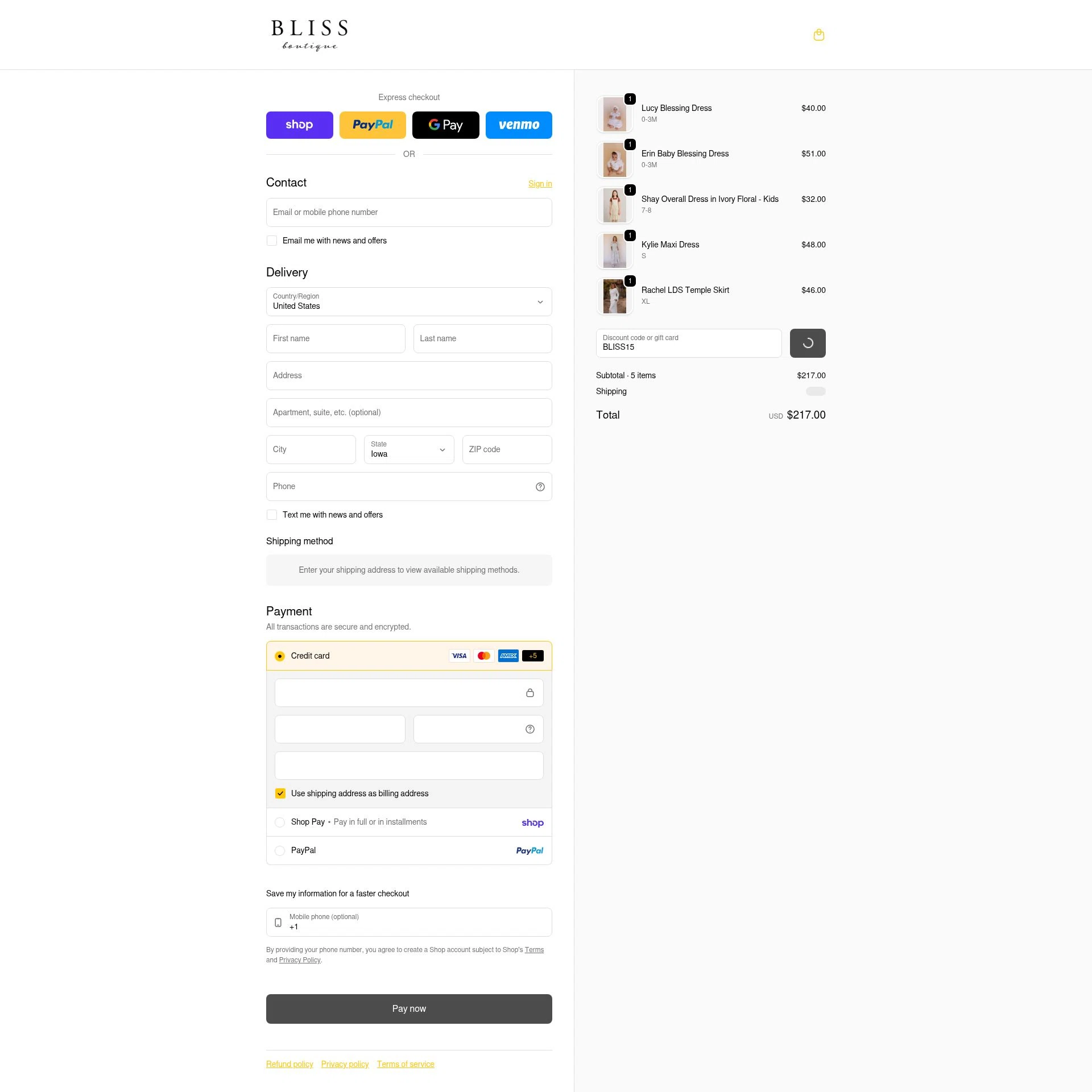 Bliss Boutique checkout page showing Bliss Boutique coupon code box | Screenshot taken by SimplyCodes community member on Feb 15, 2026