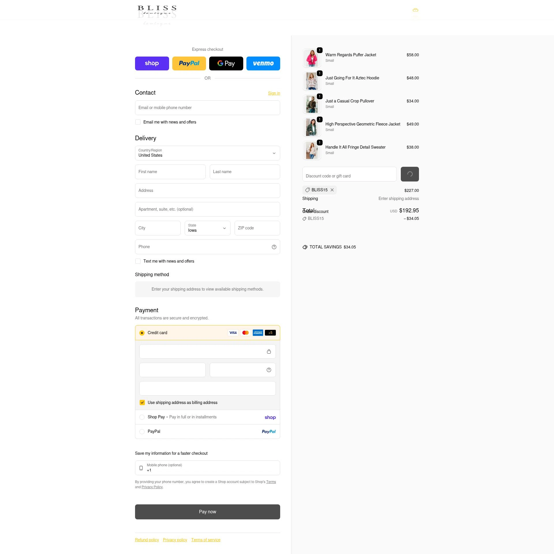 Bliss Boutique checkout page showing Bliss Boutique coupon code box | Screenshot taken by SimplyCodes community member on Feb 11, 2026