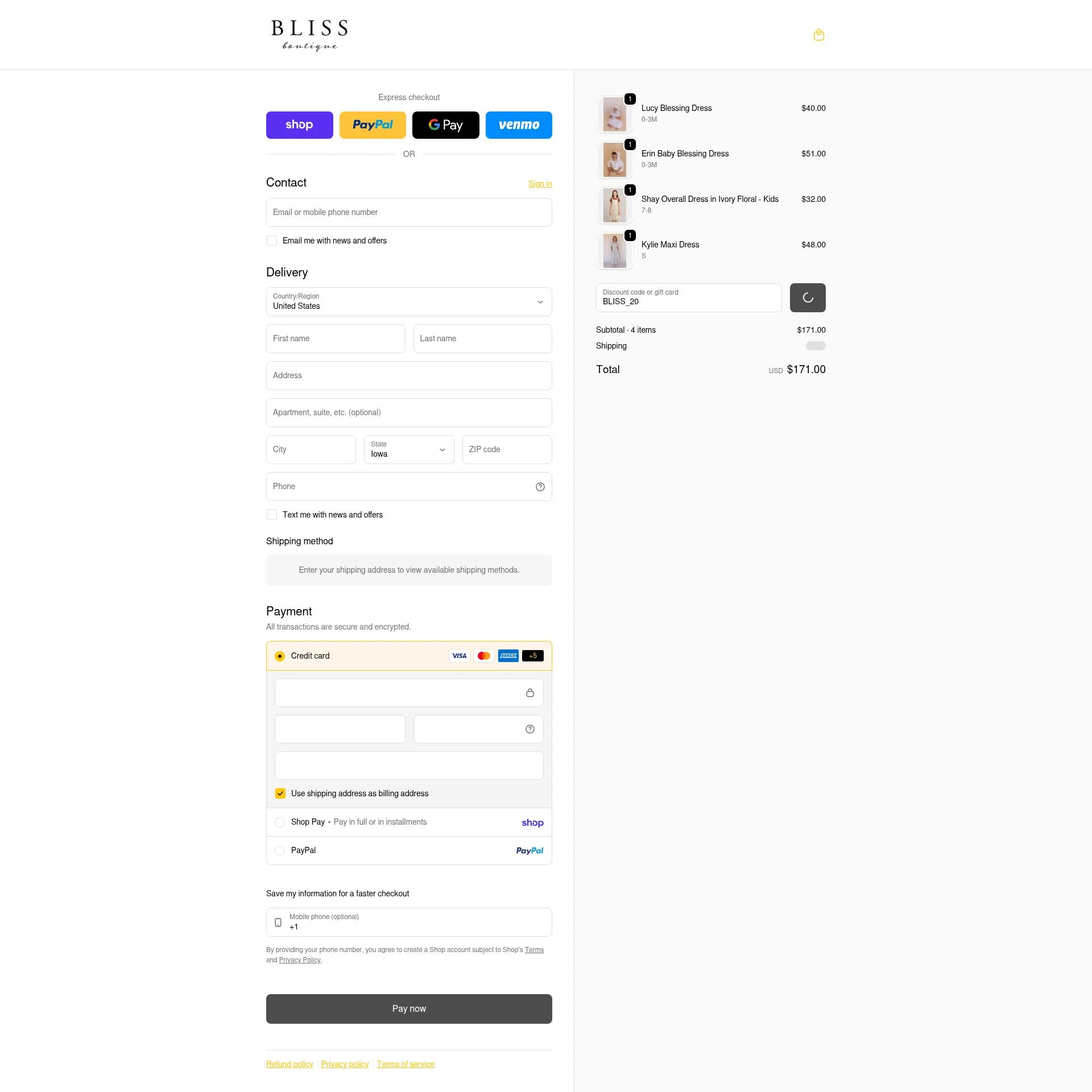 Bliss Boutique checkout page showing Bliss Boutique coupon code box | Screenshot taken by SimplyCodes community member on Feb 20, 2026