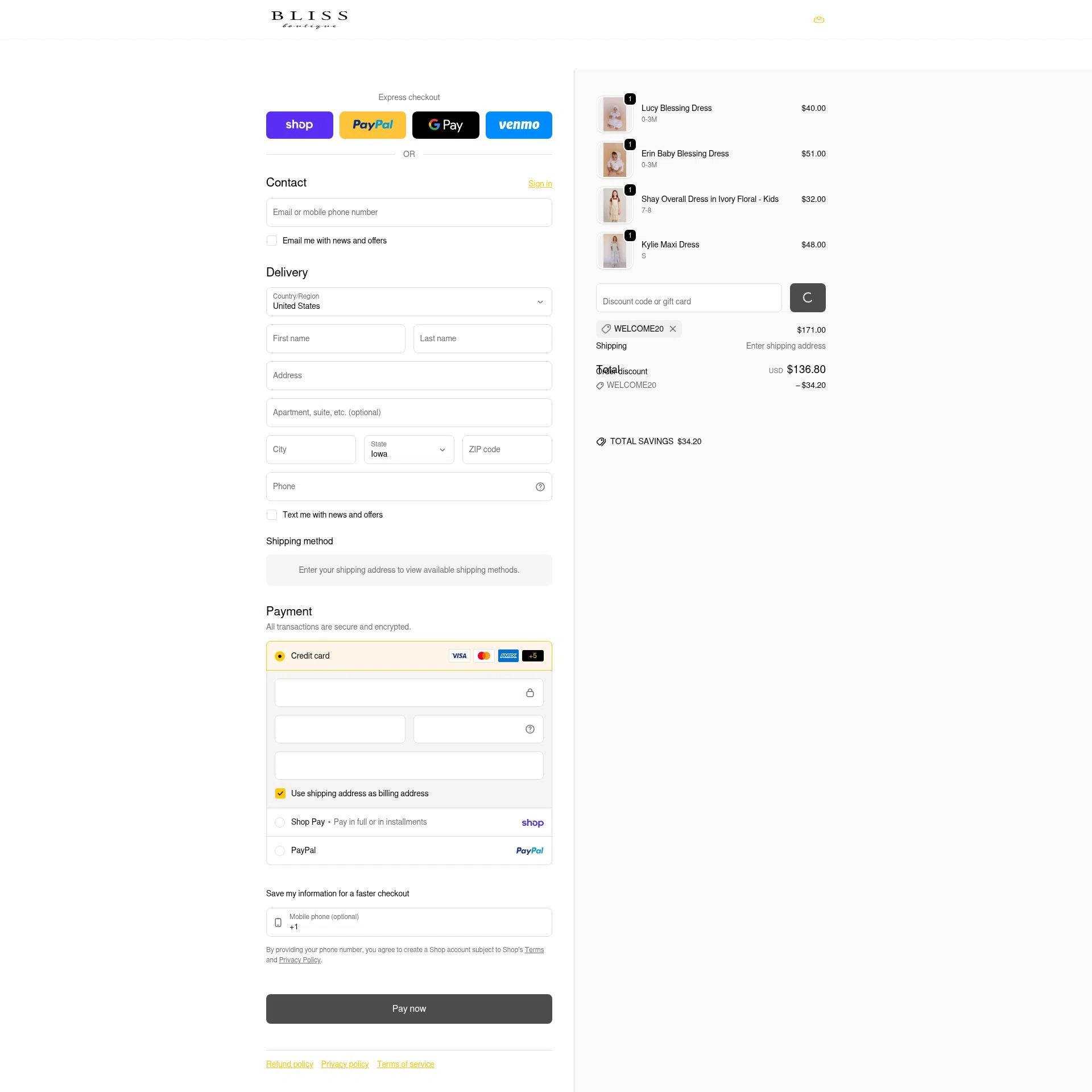 Bliss Boutique checkout page showing Bliss Boutique coupon code box | Screenshot taken by SimplyCodes community member on Feb 20, 2026