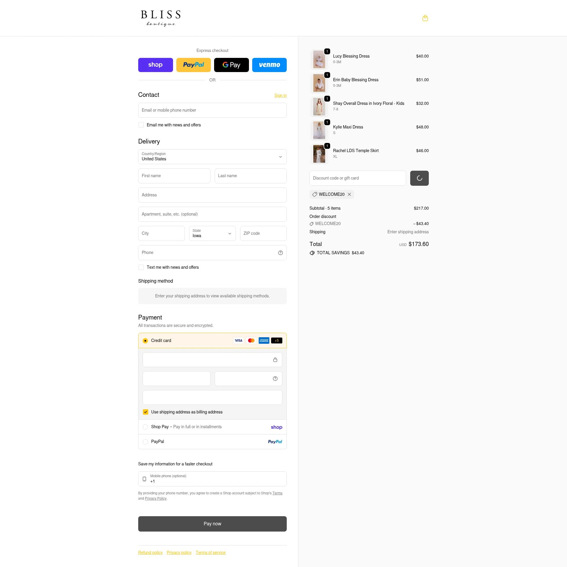 Bliss Boutique checkout page showing Bliss Boutique coupon code box | Screenshot taken by SimplyCodes community member on Feb 15, 2026