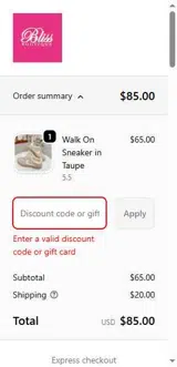 Bliss Boutiques coupon verification screenshot